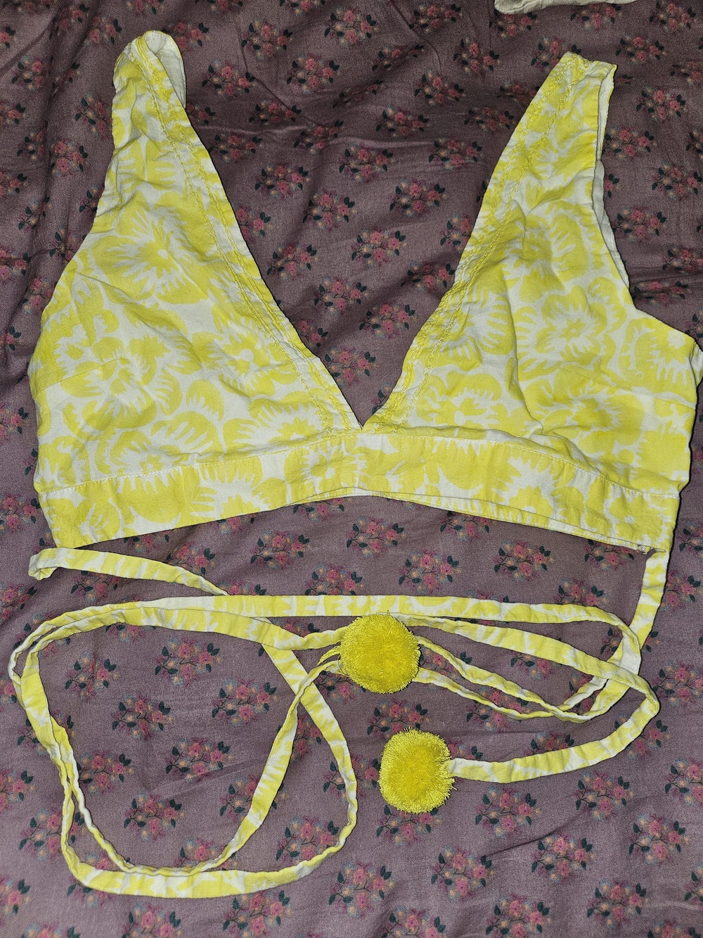 Ash & Eden 100% Cotton Women’s Yellow Floral Tie Crop Top with Pom Pom Detail